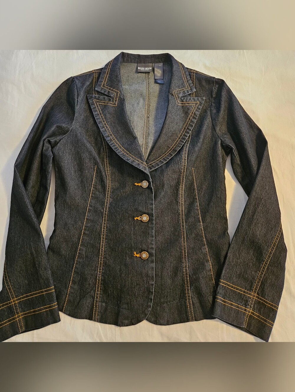 Vintage Bisou Bisou Y2K Dark Wash Denim Tailored Peplum Blazer Jacket 10